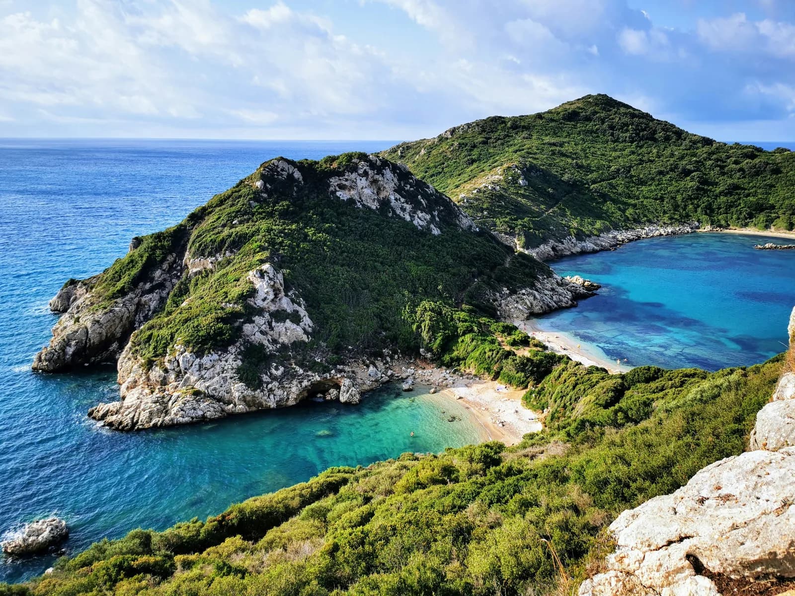 Twin coves either side of green forested headland with turquoise water